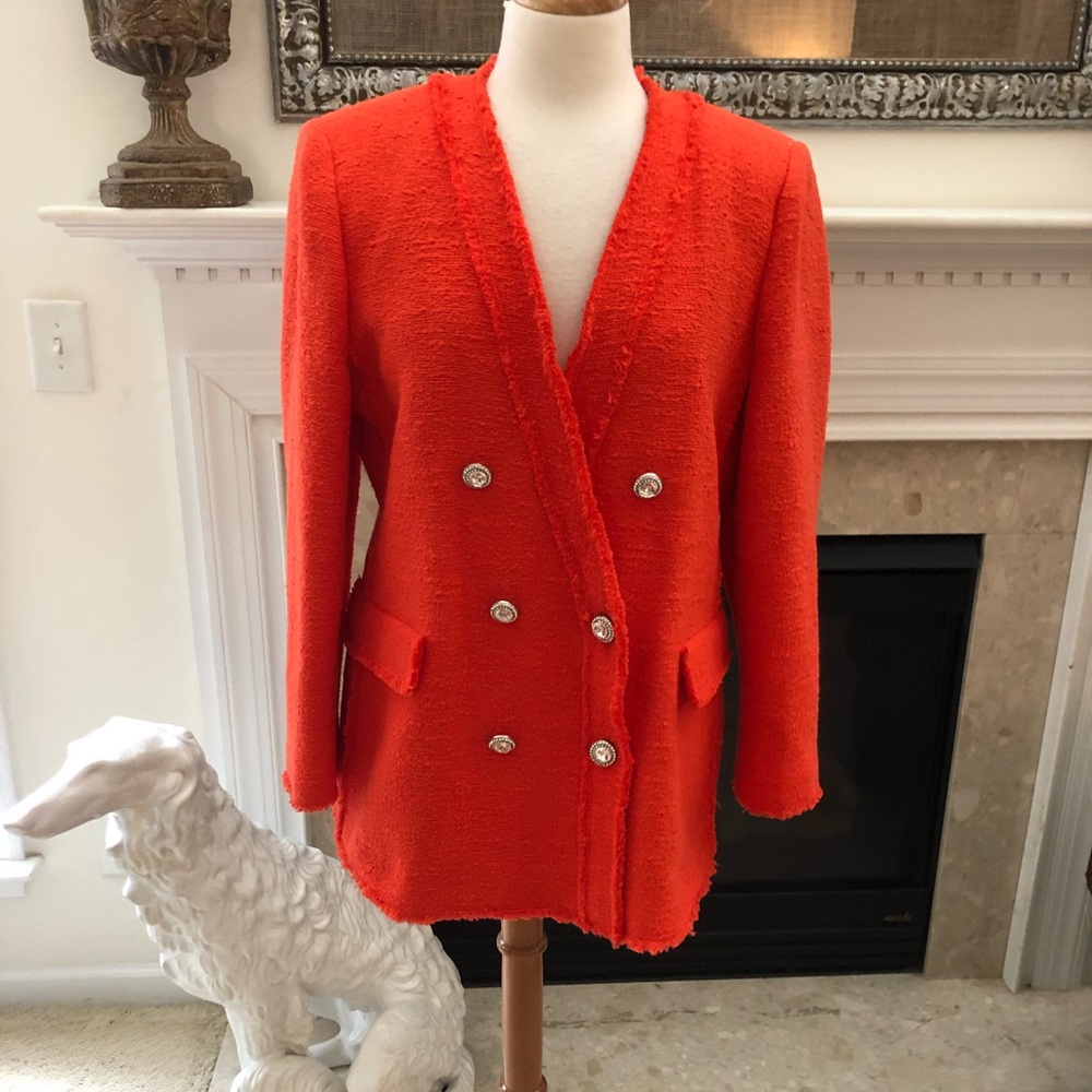 Zara Orange Tweed Jacket lapel-less double breasted blazer